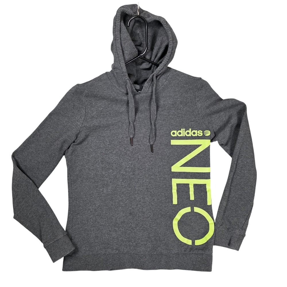 Adidas NEO Hoodie Graphic Pullover‎ Womens M Grey Neon Comfy Athleisure Workout